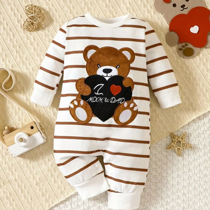 "Korean-Style Baby Romper | Brown & White Striped Onesie with Bear-Holding-Heart Embroidery - 'I Love Mom & Dad' Themed"