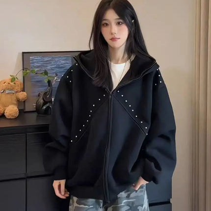 American Retro Rivet Splicing Cardigan Hooded Sweatshirt Women Fashion Loose Oversized Casual Vintage Classic Streetwear