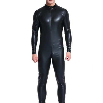 M-3XL Men Wetlook Faux Leather Double Zipper Open Crotch Pvc Bodysuit Gay Hot Lingerie Latex Catsuit Fetish Wear Sexy Costume