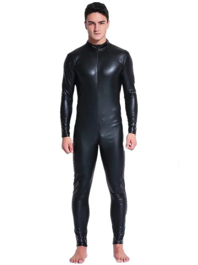 M-3XL Men Wetlook Faux Leather Double Zipper Open Crotch PVC Bodysuit Gay Hot Lingerie Latex Catsuit Fetish Wear Sexy Costume