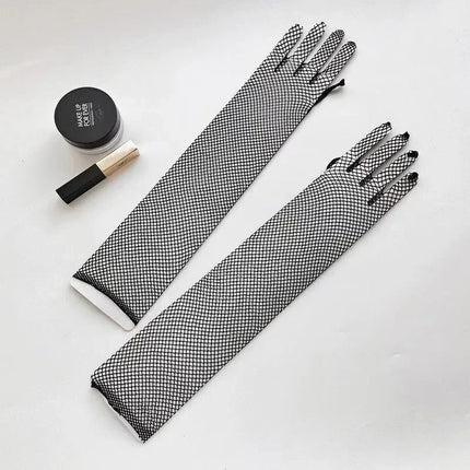 Women Sexy Black Fishnet Mesh Long Gloves Nylon High Elastic Full Finger Lace Hand Gloves Party Stage Exotic Costume Oversleeves
