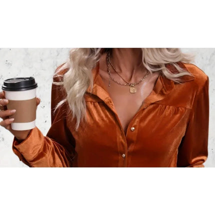Plus Size 1XL-5XL Women Autumn Fashion Top Blouse Velvet Long Sleeve Solid Elegant Shirt Button Pocket Womens Long Sleeves