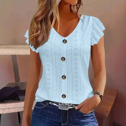2025 Spring/Summer New Women's Fashion Stylish Commute Casual Solid Color Multi-Color Ruffle Sleeve V-Neck T-Shirt