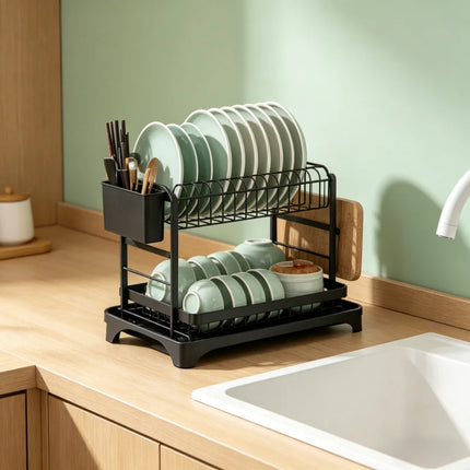 2 Tier Dish Drying Rack Kitchen Countertop Bowl Drainer Storage Organizer with Chopsticks Knife Fork Cup Holder Drain Shelf
