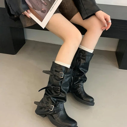 Autumn Winter Vintage Woman Knight Knee High Boots Shoes Ladies Elegant Thick Low Heel Belt Buckle Western Cowboy Botas