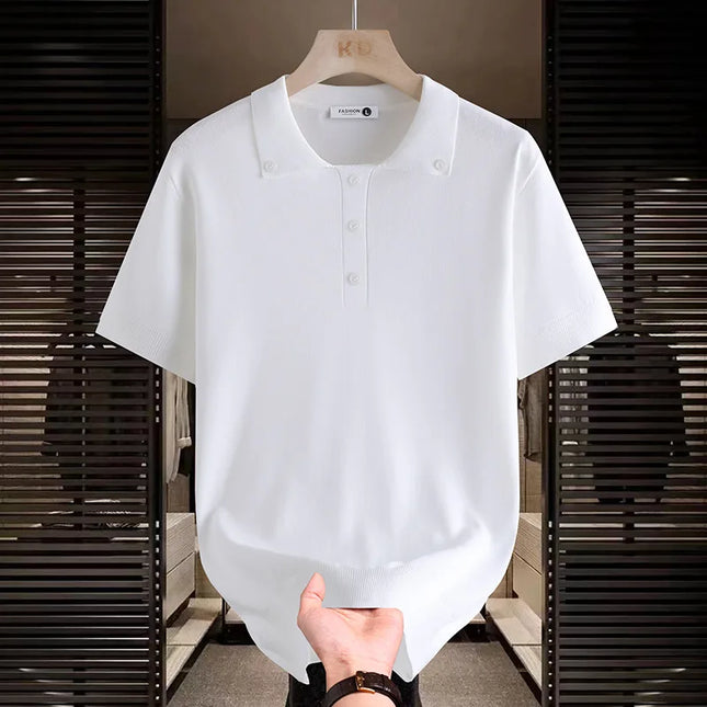 Men's Button Down Collar Knit Polo Shirt Short Sleeve Solid Color Casual Summer Tops Lightweight Business Tee
