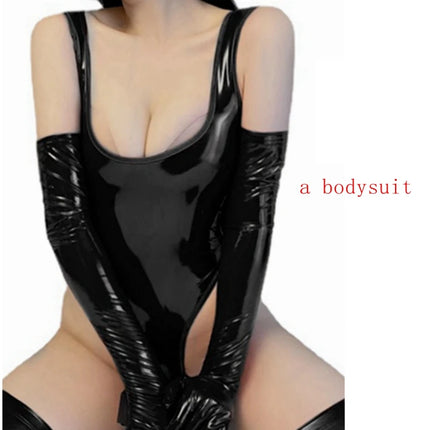 Women's PVC Leather Bodysuits Sexy Party Black Low-cut Skinny Sleeveless Summer Highstreet Spaghetti Strap Red Rompers New
