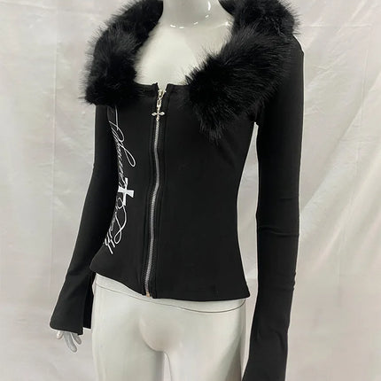 Vintage Y2k Fur Collar T Shirt Women 2000s Aesthetics Off Shoulder Tops Harajuku Letter Print Long Sleeve T-shirt New 2026