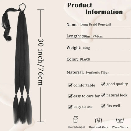 0'' Braids Ponytail Extensions Long DIY ith Elastic Tie Straight Wrap Around Braid Hair Extensions Synthetic Hairpiece for Women