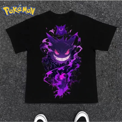 Pokémon Anime Gengar Printing T-shirt 2026 Men's and Women's Summer New Street Hip Hop Large Loose Daily Parent-child Top