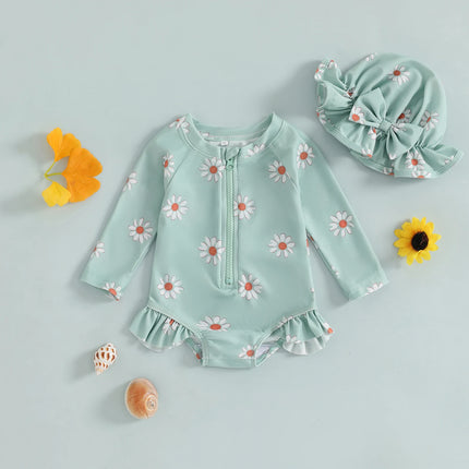 Baby Girls Swimsuit, Long Sleeve Flower Print Zipped Bikini with Hat Newborn Swimwear for Summer Bathing