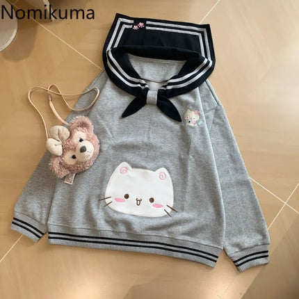 2025 Women's Clothing Japanese Sweatshirts Cute Cat Sailor Collar Loose Hoodies Cotton Thicked Fashion Casual Hoodie Ropa Mujer