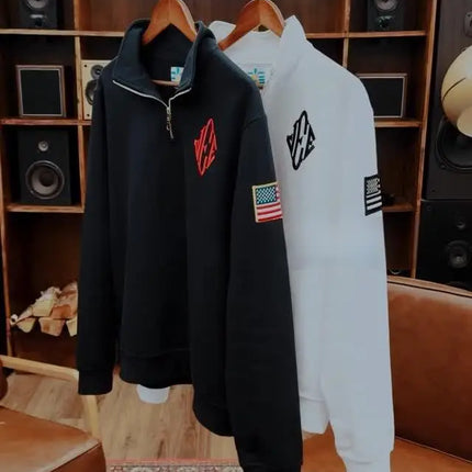 American Retro Style armband Embroidered Top with Zipper Stand Up Collar Knit Fashionable Versatile Loose Men Polo Shirt