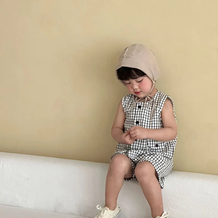 RAISE 2026 Summer Children Outfit Muslin Peter Pan Collar Kids Girls Sleeveless Dress Thin Plaid Tank Top Vest+loose Shorts Suit