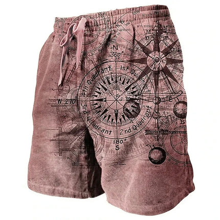 Men's Beach Shorts Compass Pattern 3D Retro Printed Shorts Men's Summer Breathable Drawstring Shorts Fitness Street Shorts