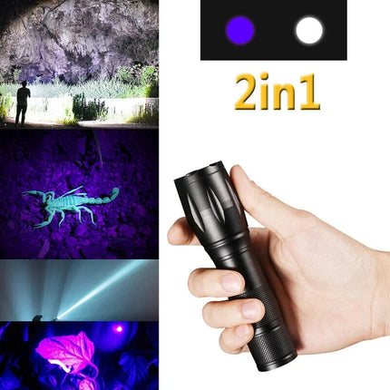 2 IN 1 UV Flashlight Purple White Dual Light 395nm Ultraviolet Torch Zoom Flashlight Detection Lighting Lamp for Pet Stains