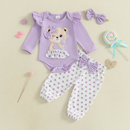 Baby Girls Fall Outfits Long Sleeve Bear Embroidery Romper and Dot Print Pants and Bow Headband