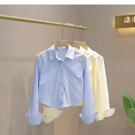 Fall Fashion Women's Small Size Casual Long Sleeve Shirt Design Versatile Short High Waist Slim Top for Ladies