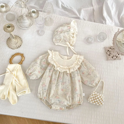 5372-1 Newborn Clothes 2025 Spring New Retro Floral Baby Girl's Bag Fart Clothes Big Lace Climbing Clothes with Hat