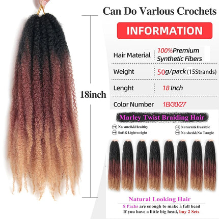 Marley Twist Braiding Hair 18Inch Long-Lasting Fluffy&Tangle-Free Cuban Twist Hair Crochet Hair Ombre Honey Brown T1B/30/27