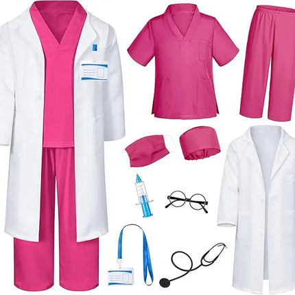Children Doctor Nurse Cosplay Professional Role-playing Costumes Surgical Gown White Coat with Top Accessories for Boys Girls