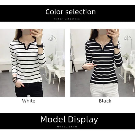 Autumn Slimming Striped V-neck Long Sleeve T-shirt Women's Top Trendy Base Layer Shirt For Students