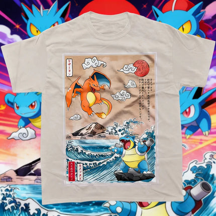2026 Summer Pokemon Charizard Blastoise Ukiyo-e Print T-Shirt, 100% Cotton Loose Casual Oversized Tee for Adults & Kids Y2k