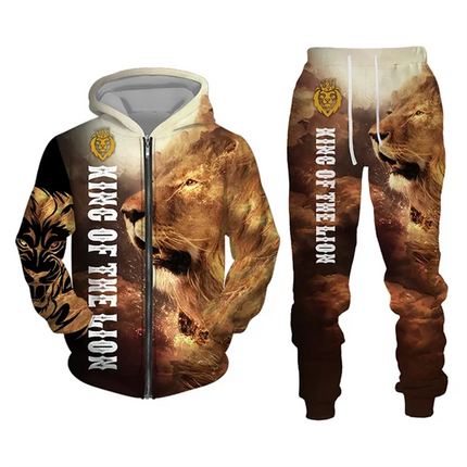 Men's Zip Hoodie Tracksuit Full Hoodies Set Lion Graphic Zipper 2 Piece Hooded Sports Outdoor Casual Sports 3D Print Streetwear