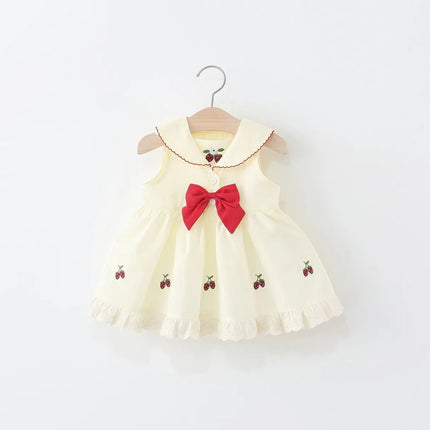 Baby Girl Dress Summer Red Checkered Cotton Sleeveless Girl Dress Cute Cherry Embroidery Bow Girl Princess Dress