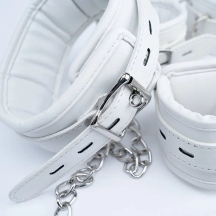 White Bondage Kit Leather Restraints Set Handcuffs Ankle Cuffs Collar and Leash Sexy Lingere Fetish Harness Woman Accessories