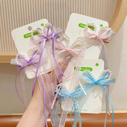 2PCS/Set Sweet Pearl Bow Hair Clips for Baby Girl Cute Fairy Long Ribbon Headwear Princess Kids Hair Accessories Headdress