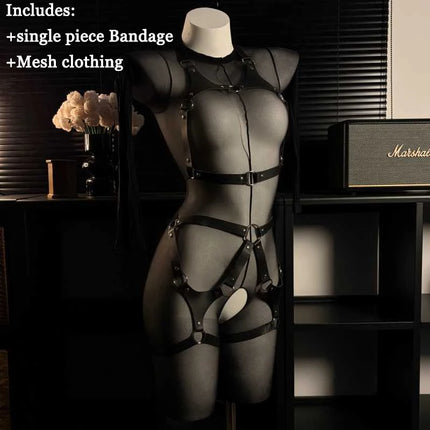 New Hollow Out Black Leather Bandage Open Crotch Bodysuit Women Sexy Lingerie See Through Crotchless Fullbody Stocking Costume
