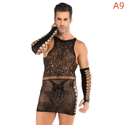 Men's Black Sexy Fishnet Body Stockings Plus Size Male Erotic Underwear Exotic Open Crotchless One-pieces Body suits for Man
