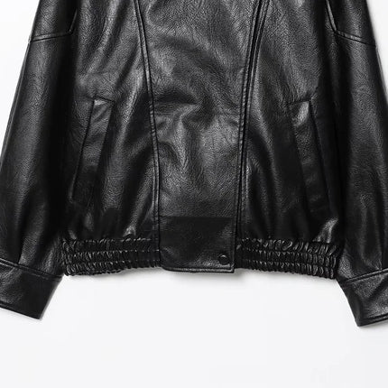 MUJER Black Faux Leather Jackets for Women Outerwears Office Women's Bomber Jacket Snap Button Demi-season Jacket for Women Coat