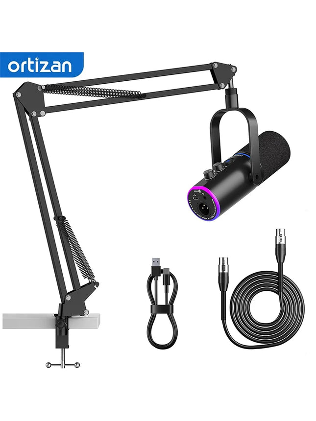 XLR/USB Podcast Microphone, Gaming Mic with Mute Button, Reverb Effects, Noise Cancellation, Boom Arm Stand, Headphones Jack
