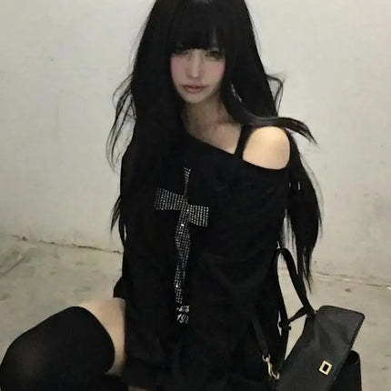 Seeslim Cross One-shoulder Graphic Hoodies Long Sleeve Black Women's Sweatshirts Harajuku Grunge 2000s Clothes Y2k Autumn Tops