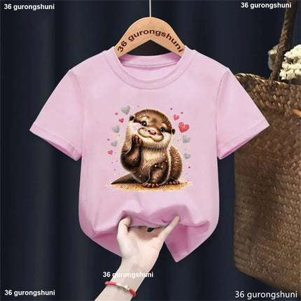 Harajuku Kawaii Kids Clothes Funny Otter Love Flowers Animal Printed T-shirt Girls/Boys Summer Fashion T-shirt Tops