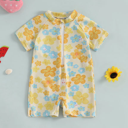 Summer Toddler Baby Girl Short Sleeve Swimwear Bathing Suit Infant Rash Guard Swimsuit Kids Cherry/Bow Print Zipper Beachwear
