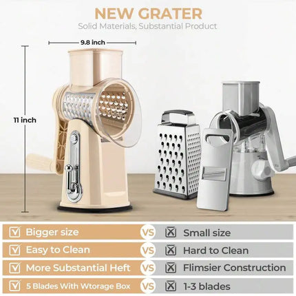 Rotary Cheese Grater With Handle - Food Shredder With 5 Well-Designed Blades & Strong Suction Base,Round Mandoline Slice