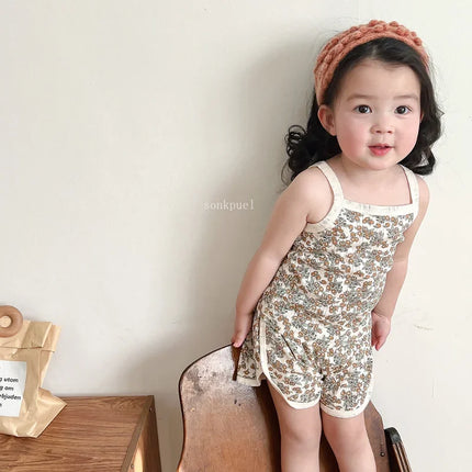 Baby Clothes Sets Summer Toddler Girl Strap Suits Cotton Printing Kids Boy Tops Tee and Shorts Infant Tracksuit Newborn Set