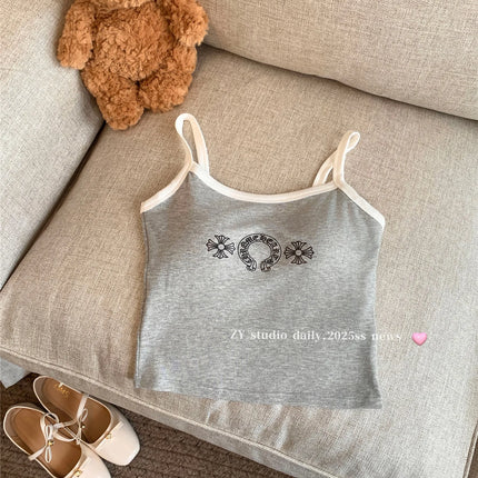 Korean Sweet Spicy Sleeveless Print Vest Women Summer Short Fit Inner Wear Strap Design Commute Top Casual Daily Girl