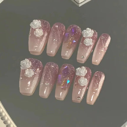 White Camellia 24 Pcs Press on Nails Pink Nail polish Glossy Artificial Finger Manicure Reusable False Nails