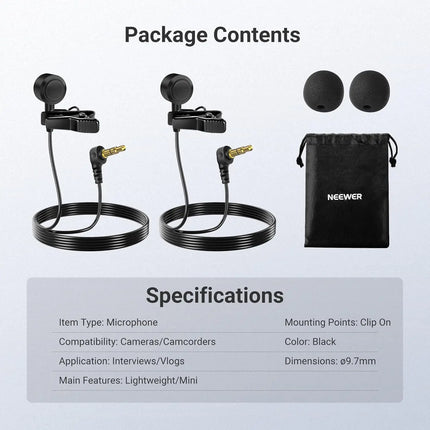 NEEWER ø9.7mm Lavalier Microphone (2 Pack), 3.5mm TRS Clip On Lapel Wired Omnidirectional Condenser Lav Mic with 1.5m Cable