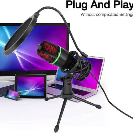 Condenser Microphone USB Wired For PC Computer Laptop Professional Gaming Accessories Streaming Sound Live Podcast RGB Record