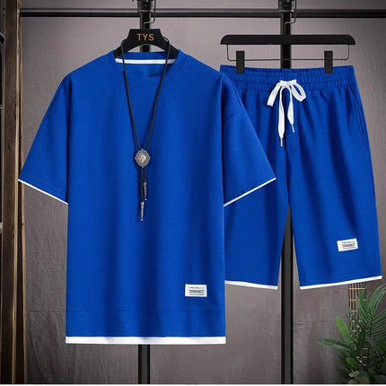 2026 new Summer Men's Waffle Sets Casual T-Shirt And Shorts Set Male Sports Suit Solid Color Tracksuit Loose Suits