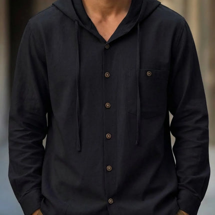 Summer Hot Sale Beach Style Shirts Men's Long-Sleeved With Hood Cotton Linen Solid Color Casual Versatile Collar Shirt Male Top