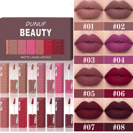 8Pcs/Set Nude Brown Matte Liquid Lipstick Velvet Sexy Dark Red Lip Glaze Non-stick Cup Not Easy To Fade Lip Gloss Lipstick Makeu