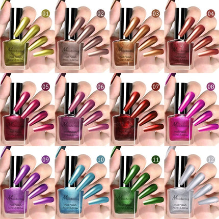 12 Colors Mirror Effect Nail Polish - Metal Chrome No UV Lamp Needed, Quick Dry Long Lasting Nail Lacquer, Professional Salon