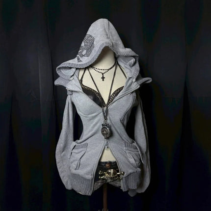 Street Chic Sexy Waist Zipper Hoodie Cardigan Solid Color Patchwork Fashionable High Street Womens Wear