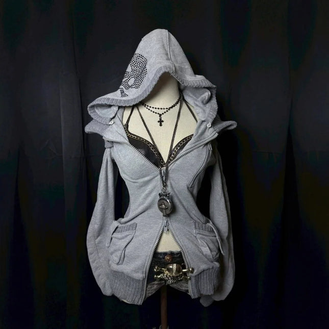 Street Chic Sexy Waist Zipper Hoodie Cardigan Solid Color Patchwork Fashionable High Street Womens Wear